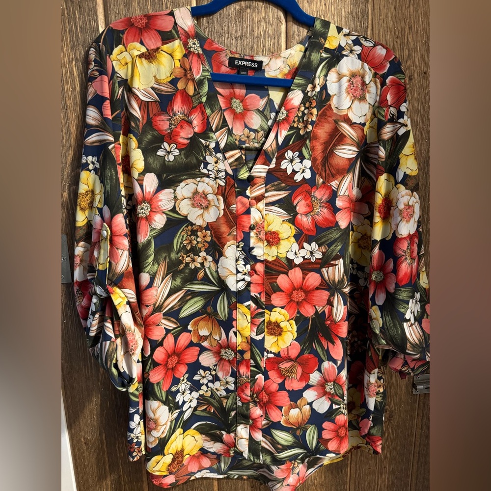 Express Orange Yellow 3/4 Sleeve Button Down Shirt